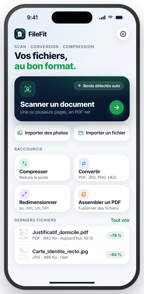 Aperçu de conception de FileFit : scanner, importer, compresser, convertir et assembler des documents