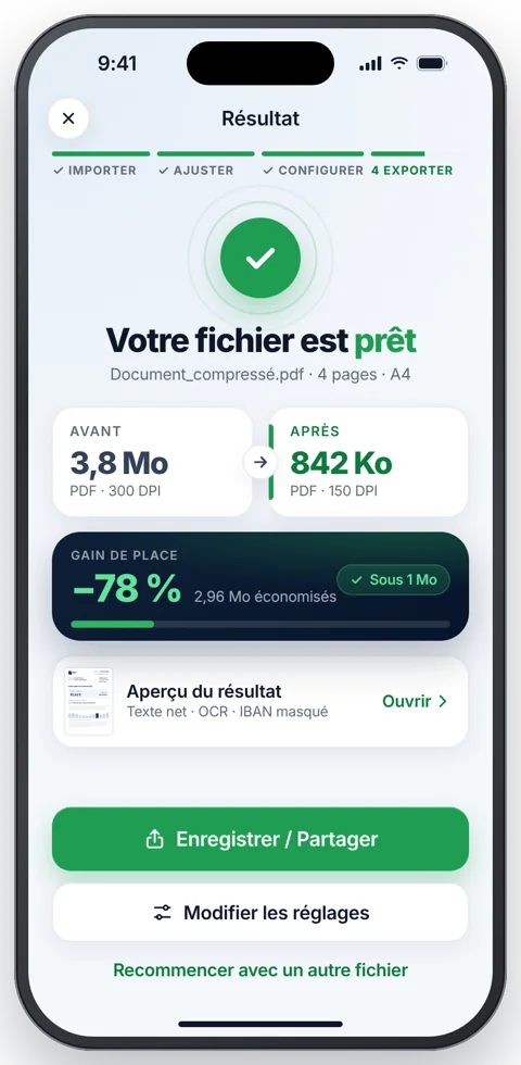 Maquette du résultat FileFit avec comparaison avant et après et accès à l’export