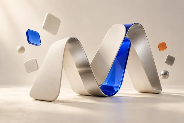 Sculpture en métal et verre bleu formant un M, illustration du studio MFE Labs